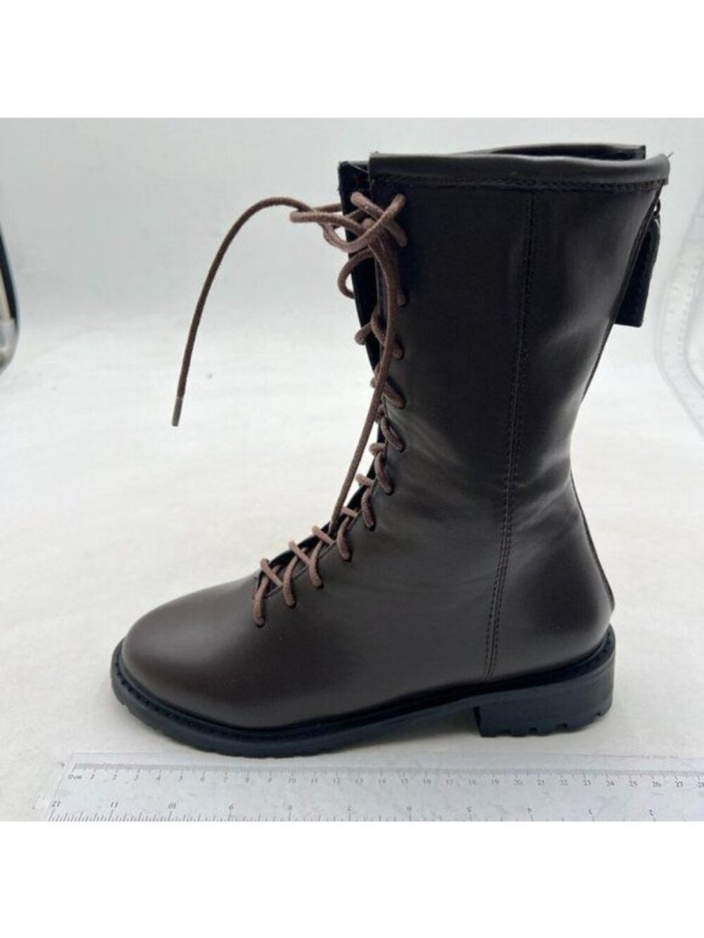 Mid Calf Boots for Women Low Heel Combat Boots Round Toe Lace-up Boots Black